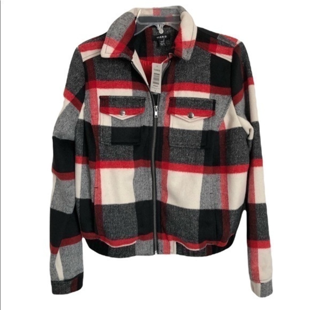 Torrid Red Black Ivory Plaid Wool Blend Bomber Jacket Stunning!